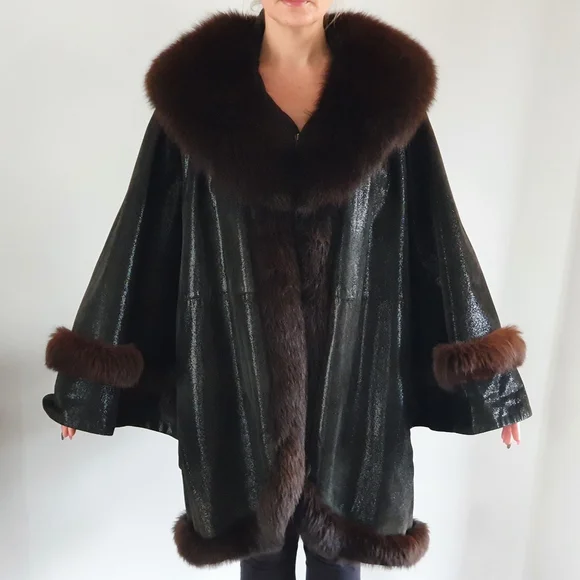 leather and fox fur trim women cape,coat, jacket, size L-XL - Picture 9 of 10